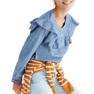 Madewell | Chambray Long Sleeve Ruffled Yoke Bib Cottage Core Prairie Blouse